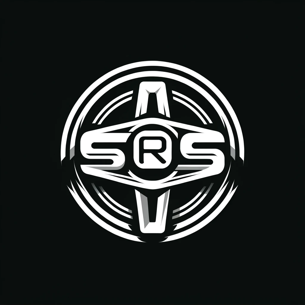 DALL·E 2023-11-30 14.23.39 - Design a sleek logo for 'SRS' on a black background. The logo should include 'SRS' in bold, modern, white typography. Add a graphic of a three-spoke s